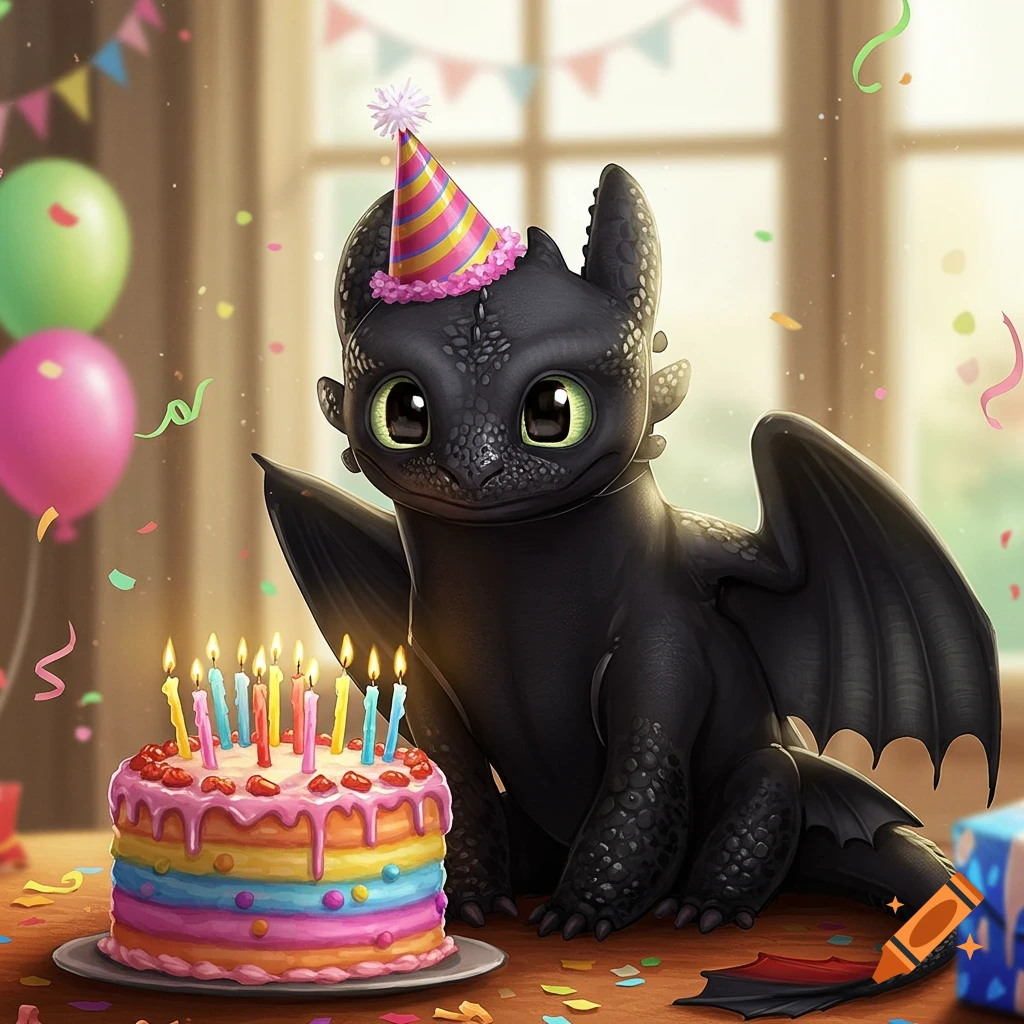 A cute, black cartoon dragon wearing a party hat sits next to a colorful birthday cake with lit candles, surrounded by balloons and confetti.