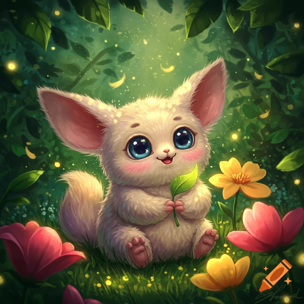 A cute, fluffy white creature with large blue eyes and big ears holds a leaf, sitting in a vibrant fantasy forest with glowing flowers.