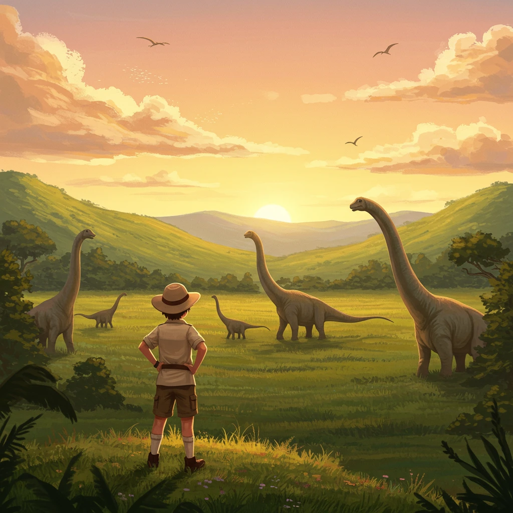 A teenager in a safari hat looks at several longneck dinosaurs grazing in a lush green valley at sunset, in an illustrative style.