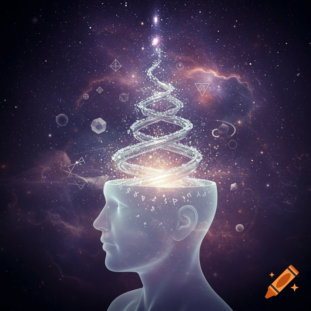 A translucent human head in profile with a glowing spiral of light emerging from the top, set against a cosmic, starry background with geometric shapes. Abstract style.