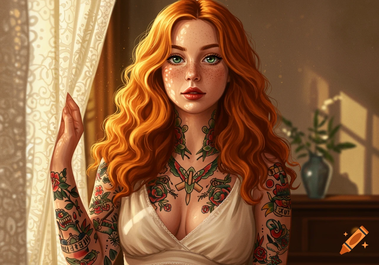 Digital art portrait of a red-haired woman with green eyes and extensive traditional-style tattoos on her arms and chest.