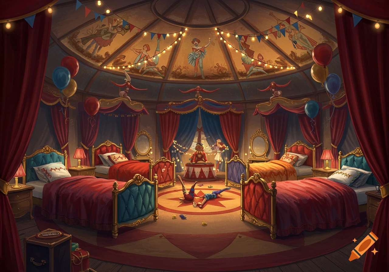 A whimsical circus-themed bedroom inside a big top tent, with four ornate beds, balloons, lights, and ceiling murals.