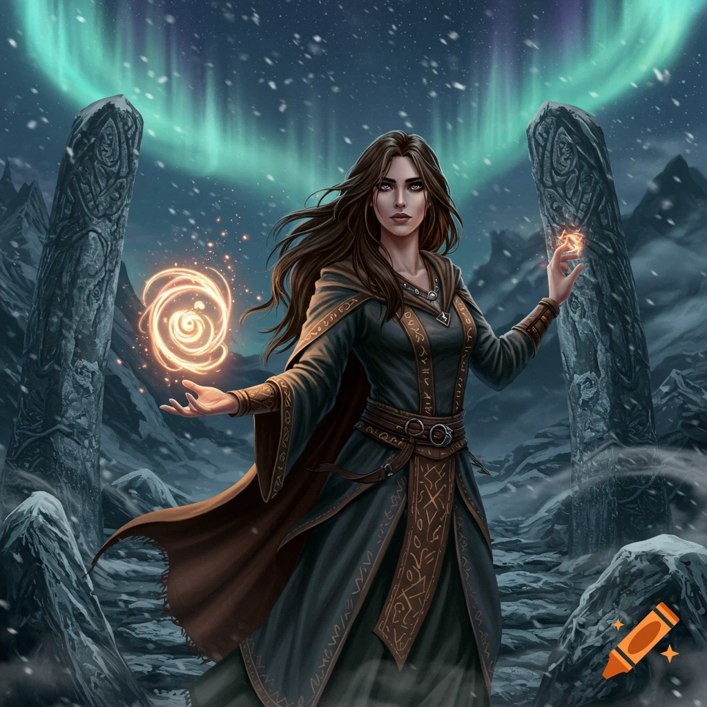 A female mage in a dark robe casts a glowing orange spell in a snowy mountain landscape under the aurora borealis.