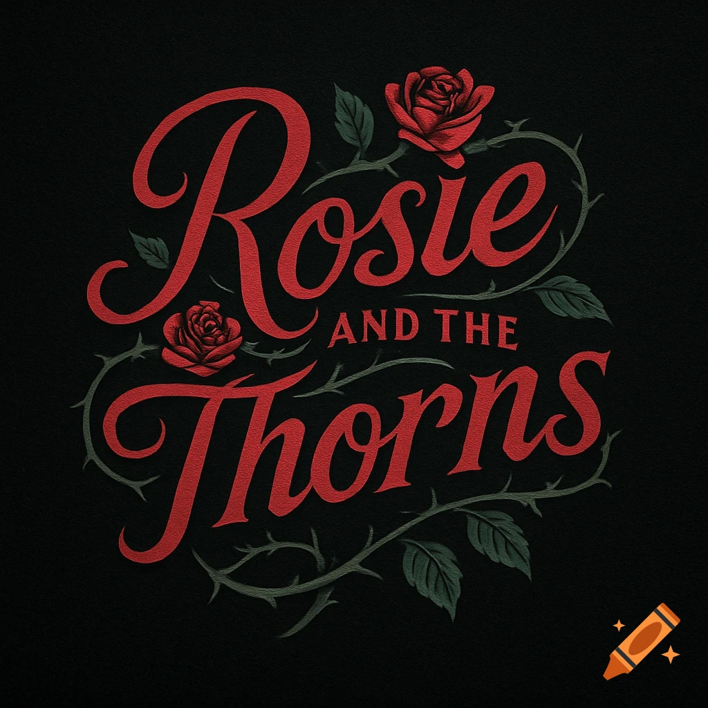 A red stylized logo with the text "Rosie AND THE Thorns" surrounded by thorny vines and red roses on a black background.
