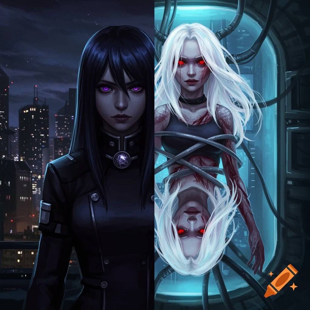 A dramatic split portrait shows two identical twin sisters. On the left, a woman with black hair and violet eyes in a black uniform stands on a dark rooftop. On the right, a pale woman with white hair, red eyes, and scars floats in a glowing blue futuristic lab chamber surrounded by wires.