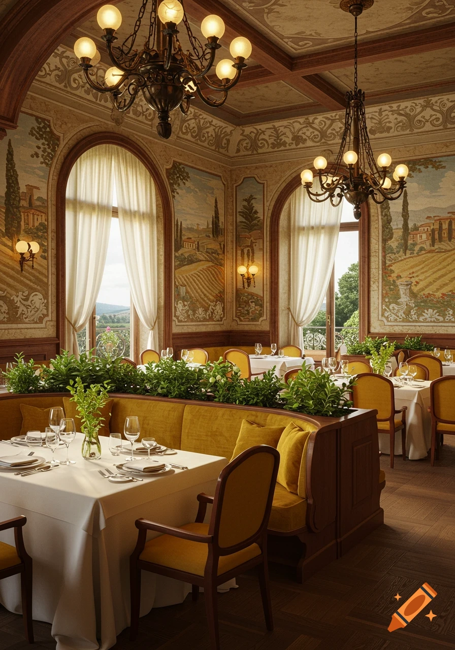 Elegant Italian fine dining restaurant interior with arched windows, landscape murals, chandeliers, and yellow booth seating with white tablecloths.