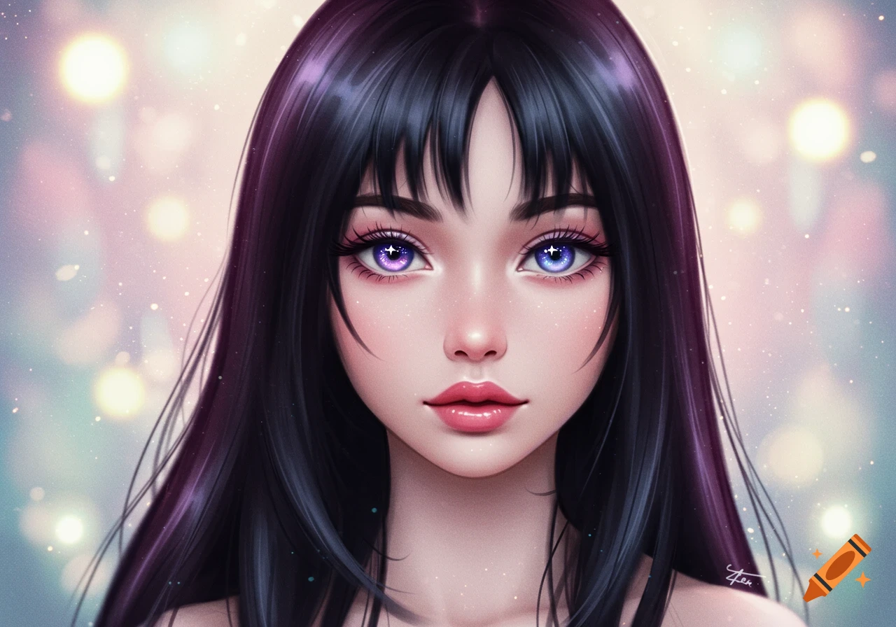 A stylized portrait of a young woman with long black hair, light pink lips, and shimmering purple and blue eyes, against a blurred background of lights.