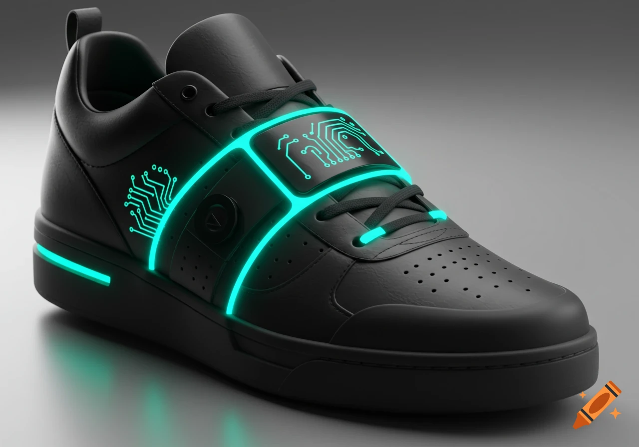 A black sneaker with glowing turquoise circuit board patterns and lights on its strap, side, and laces, on a gray background.