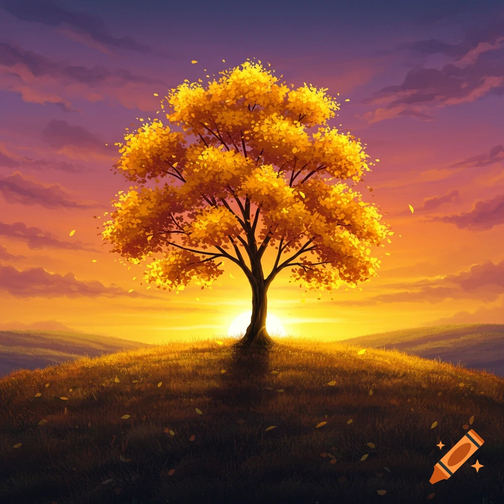 Digital painting of a tree with vibrant yellow leaves on a grassy hill, silhouetted against a bright orange and purple sunset sky.