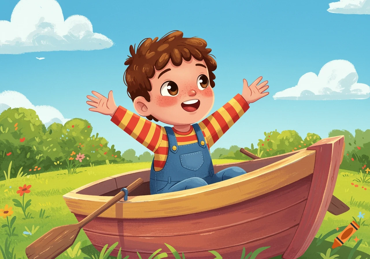 Happy cartoon boy in a red-brown boat with outstretched arms, as if singing, in a green field under a blue sky.