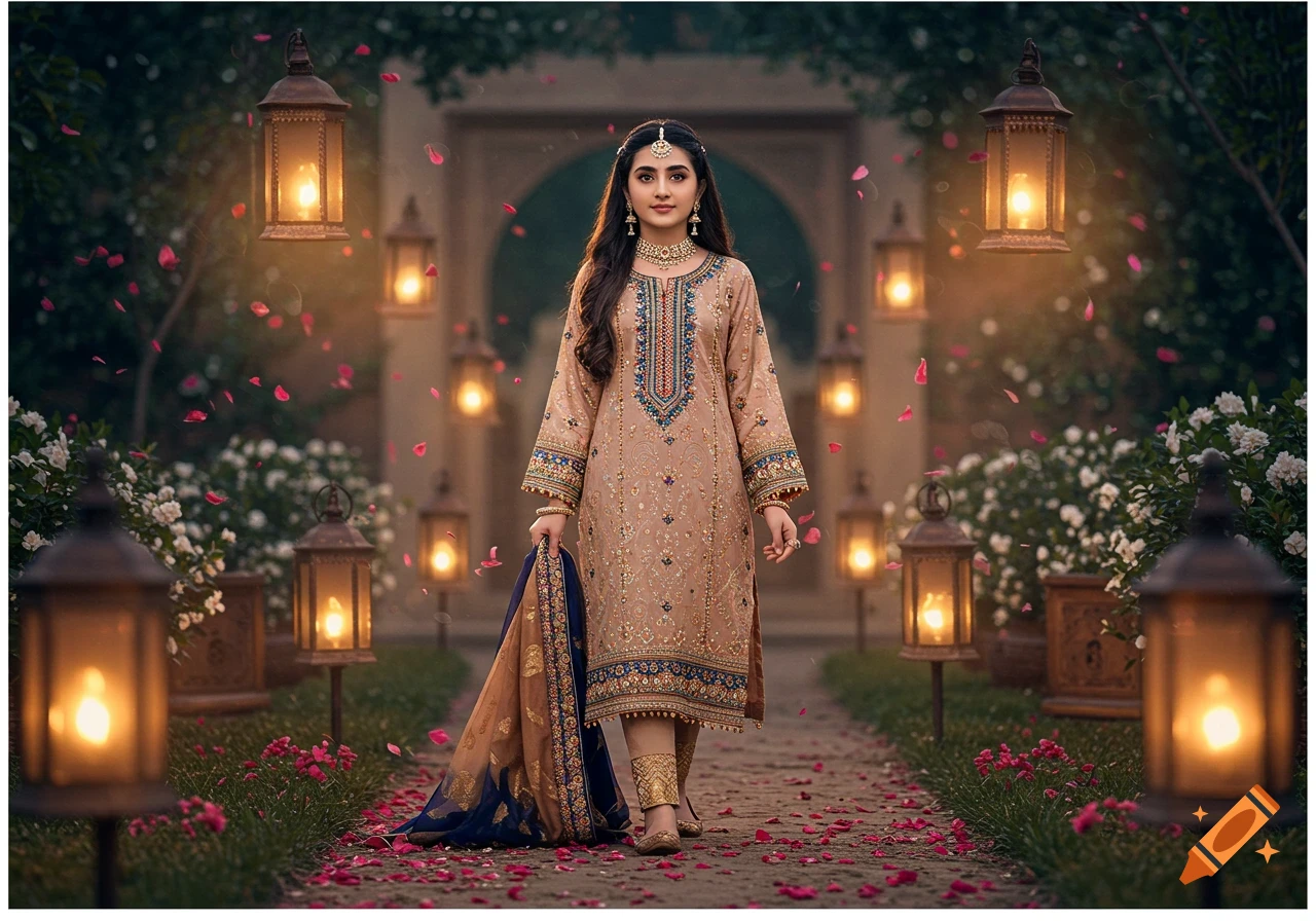 A beautiful young woman in a beige traditional dress with blue and gold embroidery walks on a petal-strewn path among lit lanterns and white flowers in a garden.