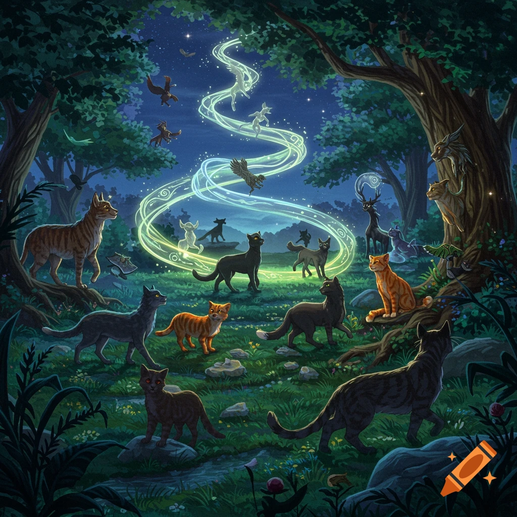 An illustrated fantasy scene of numerous cats gathered in a magical, moonlit forest, with glowing ethereal animal spirits spiraling above them.