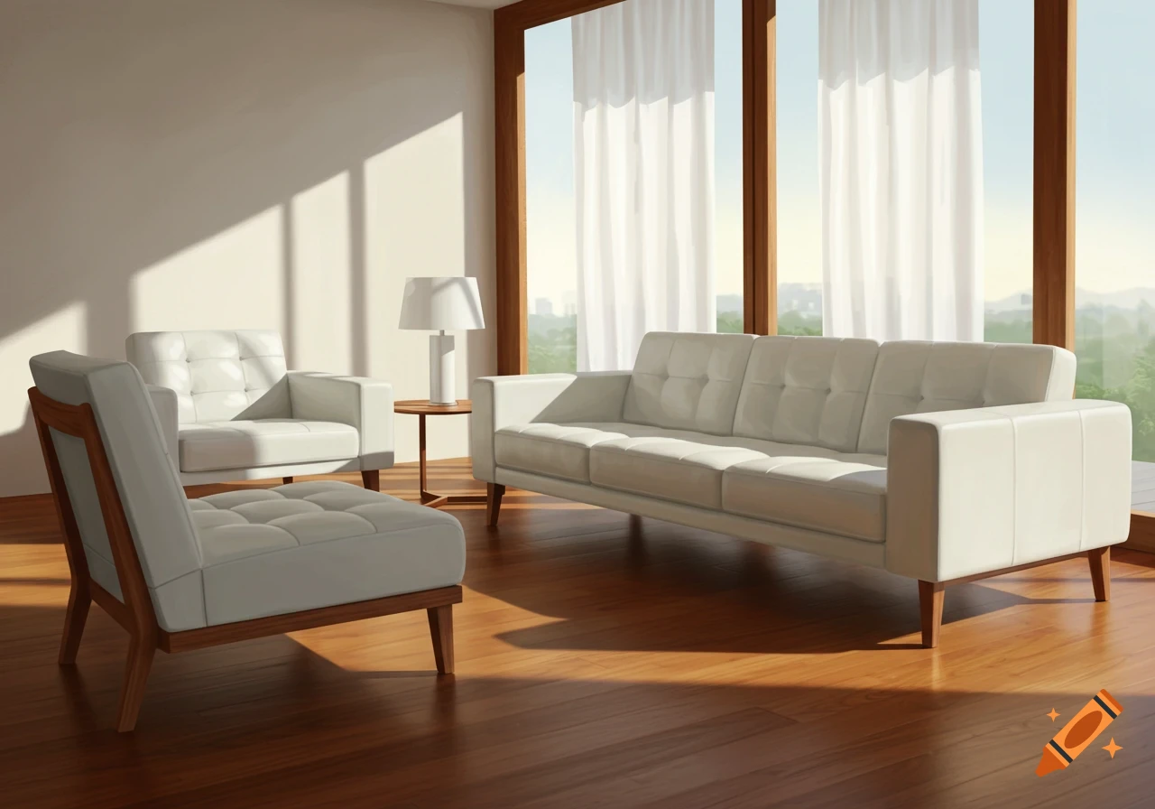 A bright living room with white leather sofa and chairs, wooden floors, and large windows with sheer white curtains.