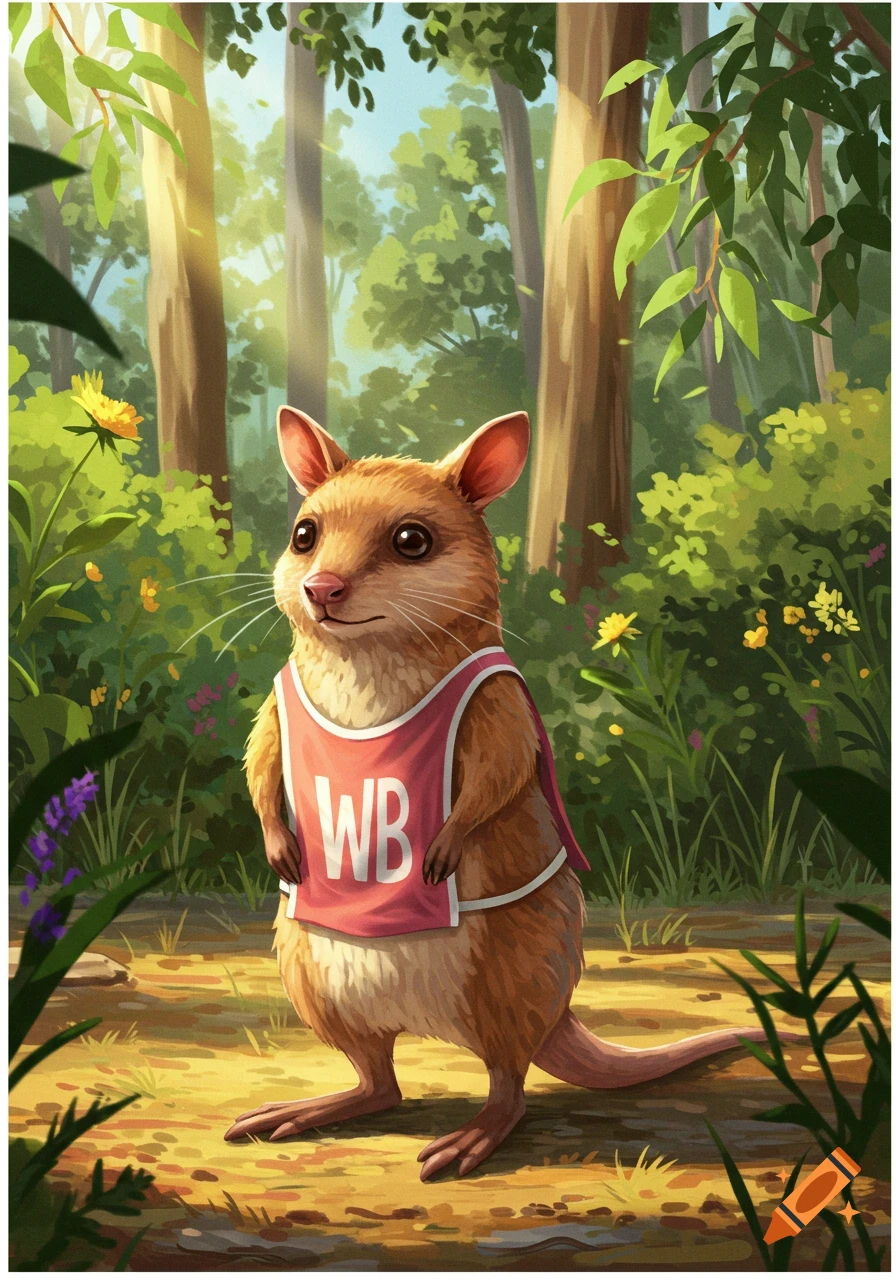 A cute Australian bandicoot wearing a pink netball bib with 'WB' on it, standing in a sunlit forest, in an illustrative style.
