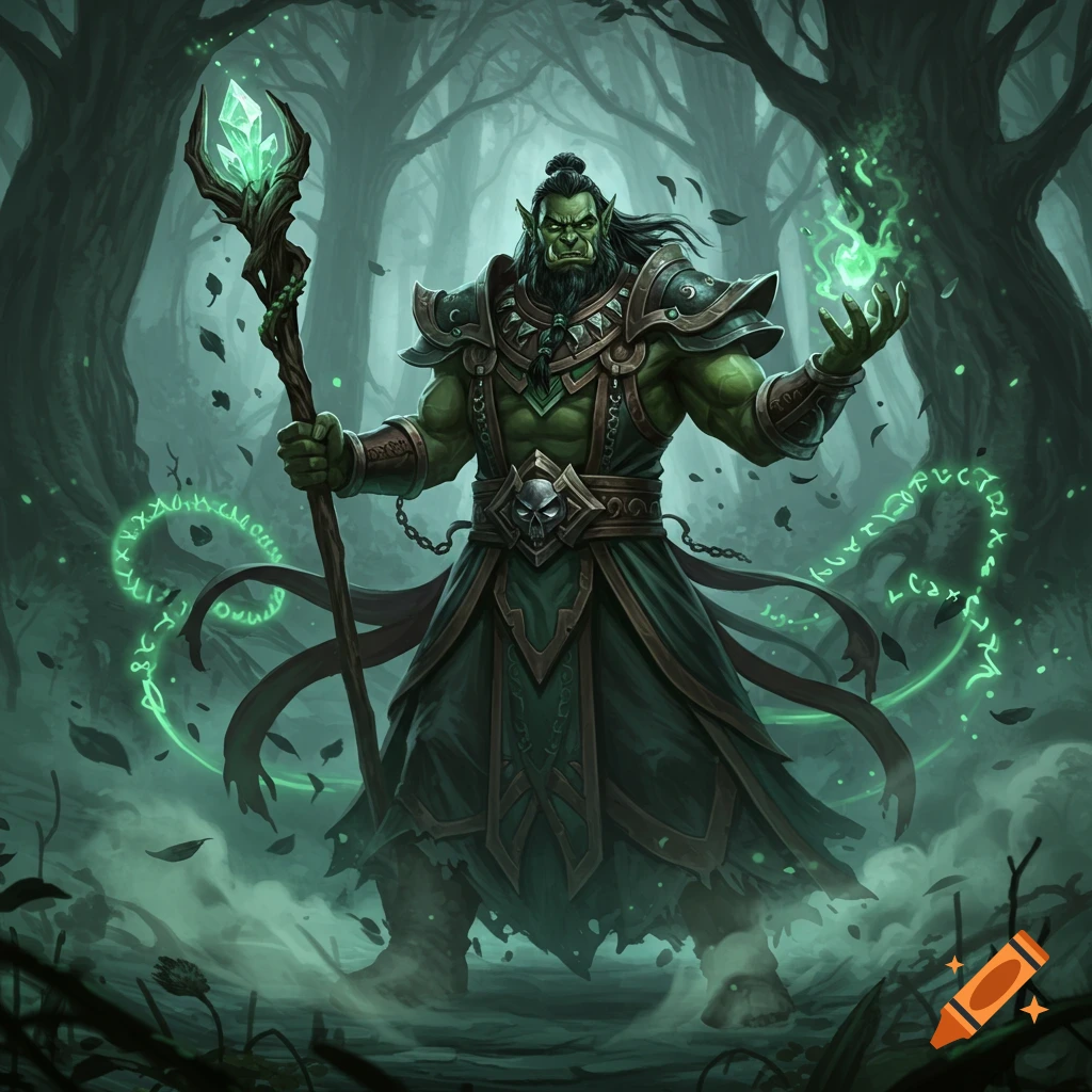 A green-skinned orc warlock in ornate armor and robes stands in a misty, dark forest, holding a staff with a glowing green crystal and casting green magic.