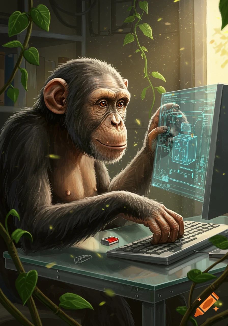 A chimpanzee with brown eyes sits at a desk in a workshop, intently looking at and interacting with a translucent blue computer screen displaying technical schematics. Vines with green leaves are intertwined around the desk and in the background, with sunlight streaming in from the right.