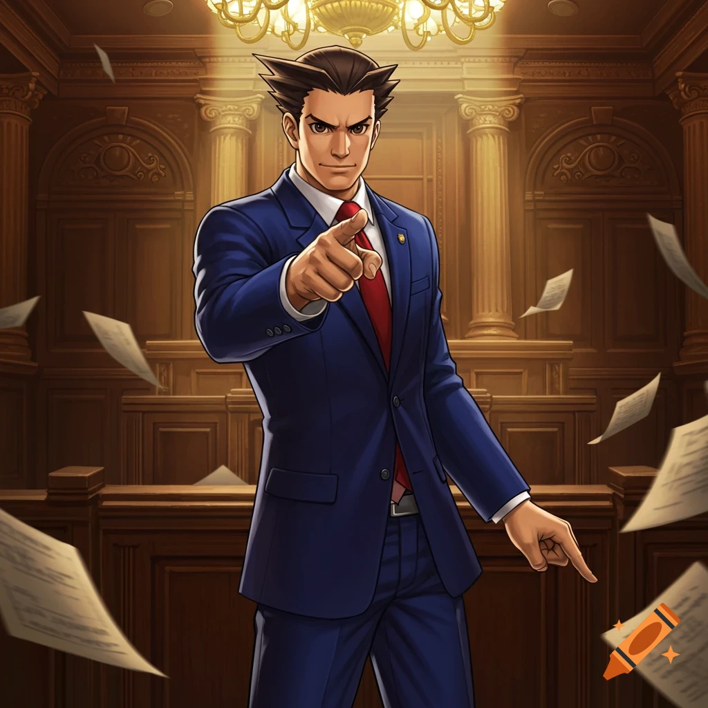 Phoenix Wright, an anime man in a blue suit, points forward in a courtroom with papers falling.