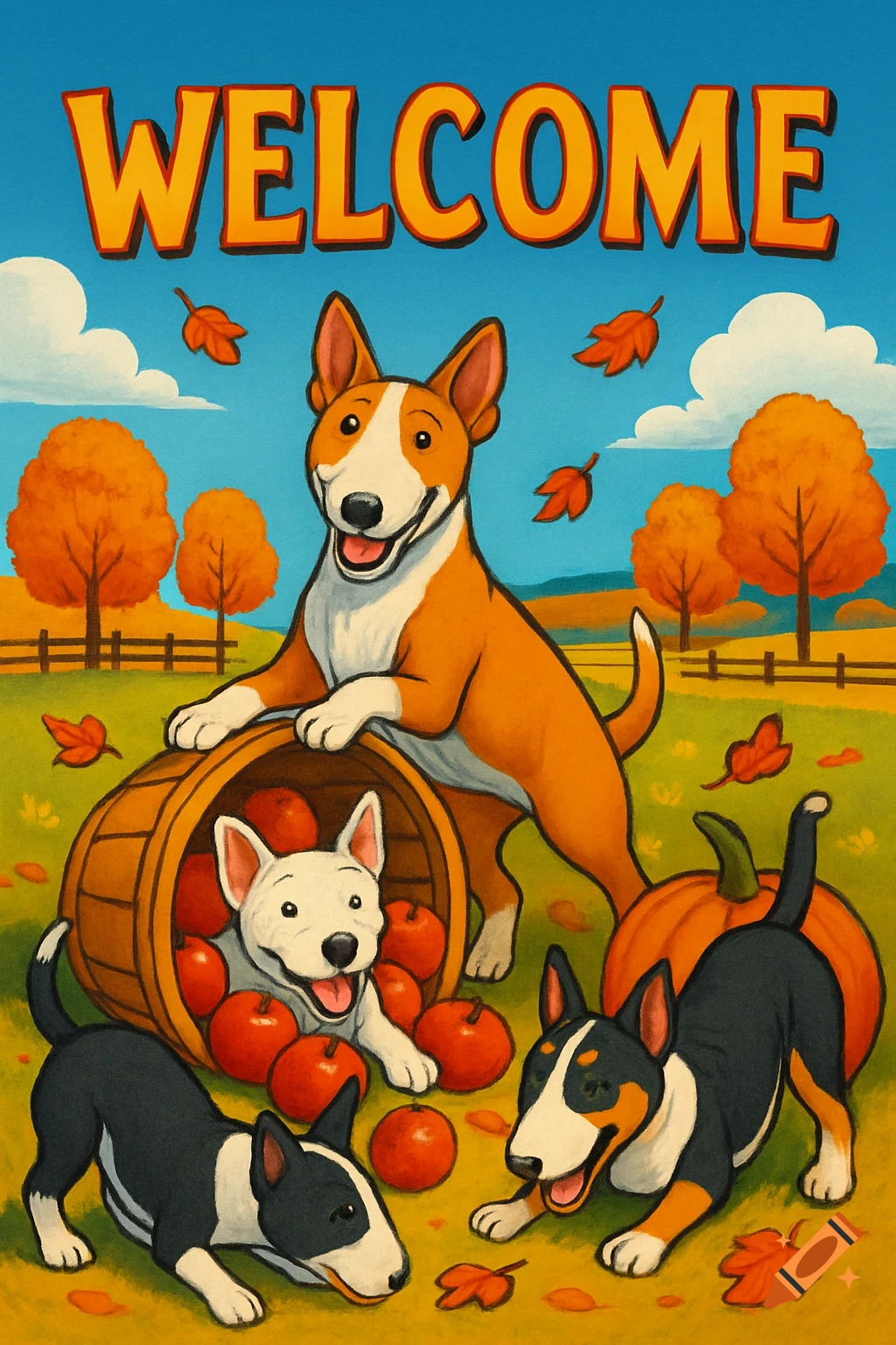 A colorful cartoon of four happy Bull Terriers with a pumpkin and a barrel of apples, with falling leaves in an autumn landscape, under the word "WELCOME" in the sky.