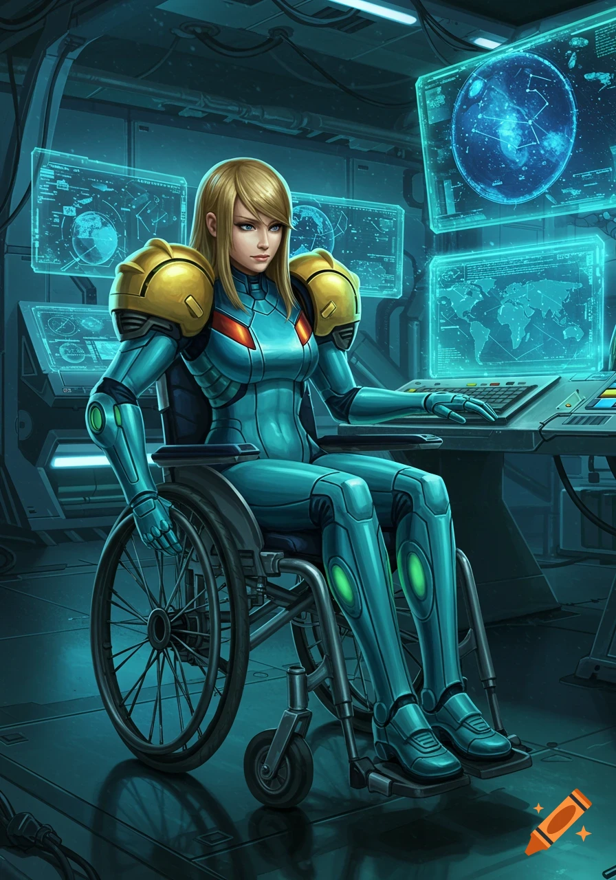 Samus Aran in a teal sci-fi suit, seated in a wheelchair at a control console with glowing blue holographic screens in a futuristic room.