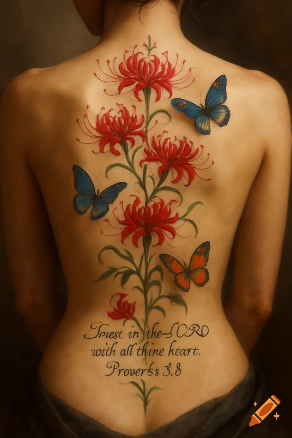 A woman's back with a tattoo of red spider lilies and blue and orange butterflies along her spine. Below the flowers is text, "Trust in the LORD with all thine heart. Proverbs 3.8."