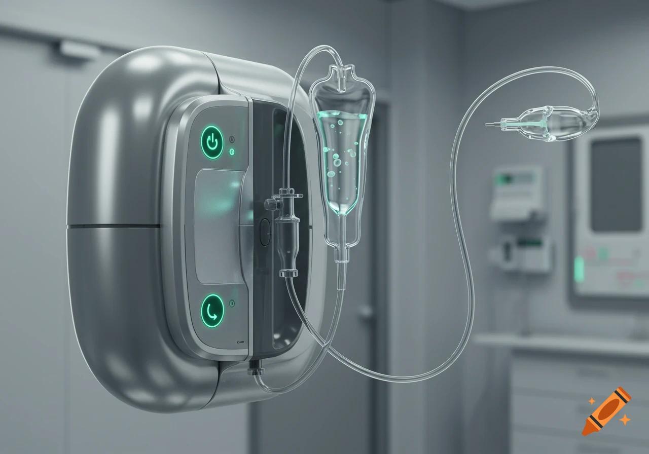 A sleek, futuristic medical device with an IV bag attached, glowing green buttons, and a transparent tubing system, in a sterile room.