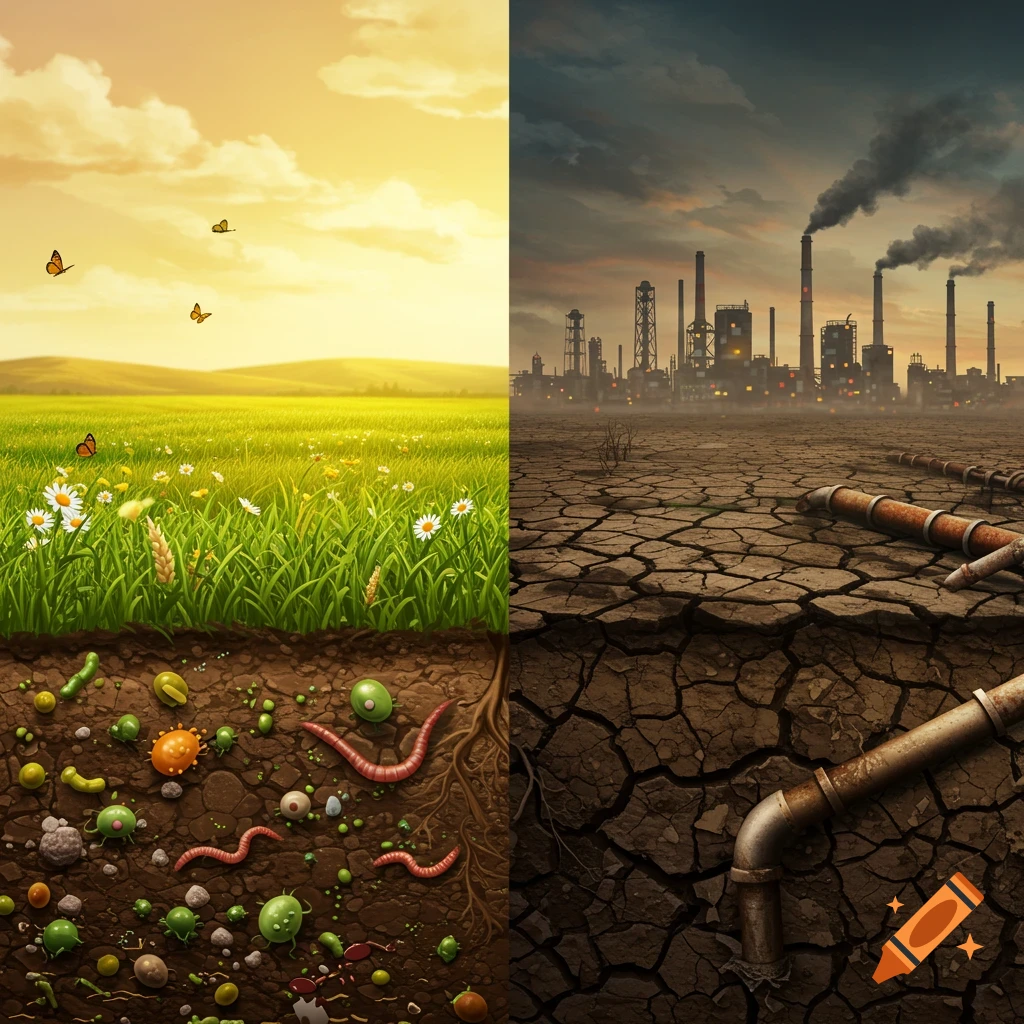 A four-panel image contrasting healthy green fields and lively soil with a polluted industrial landscape and barren, cracked soil.