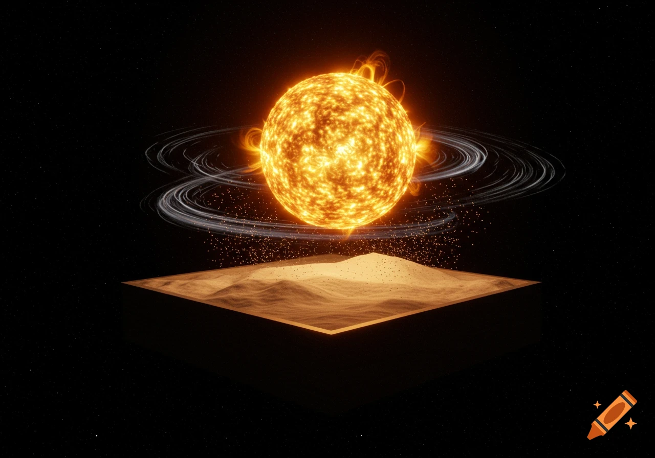 A glowing orange sun with solar flares and swirling energy above a square sandy landscape in space, against a dark starry background.