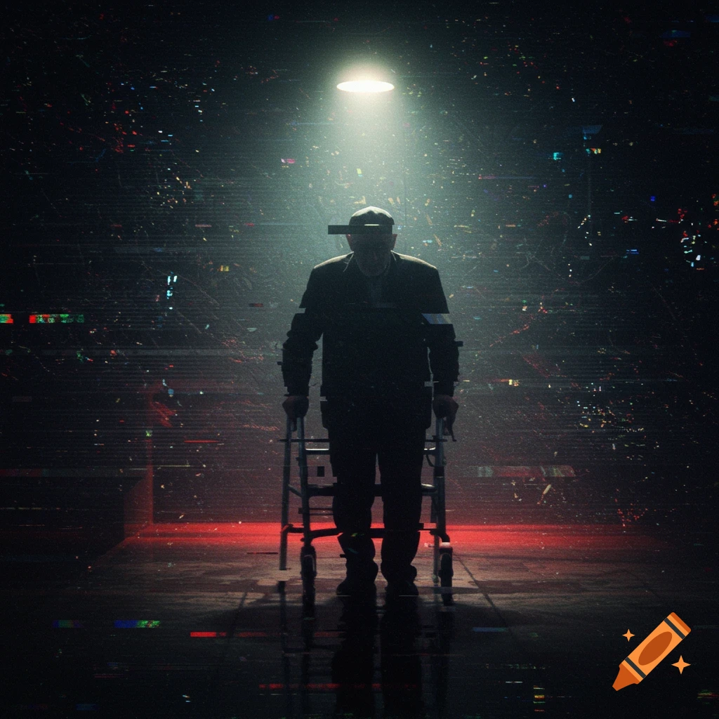 A heavily glitched digital art image of a silhouetted old man with a walker under a spotlight in a dark, distorted space.
