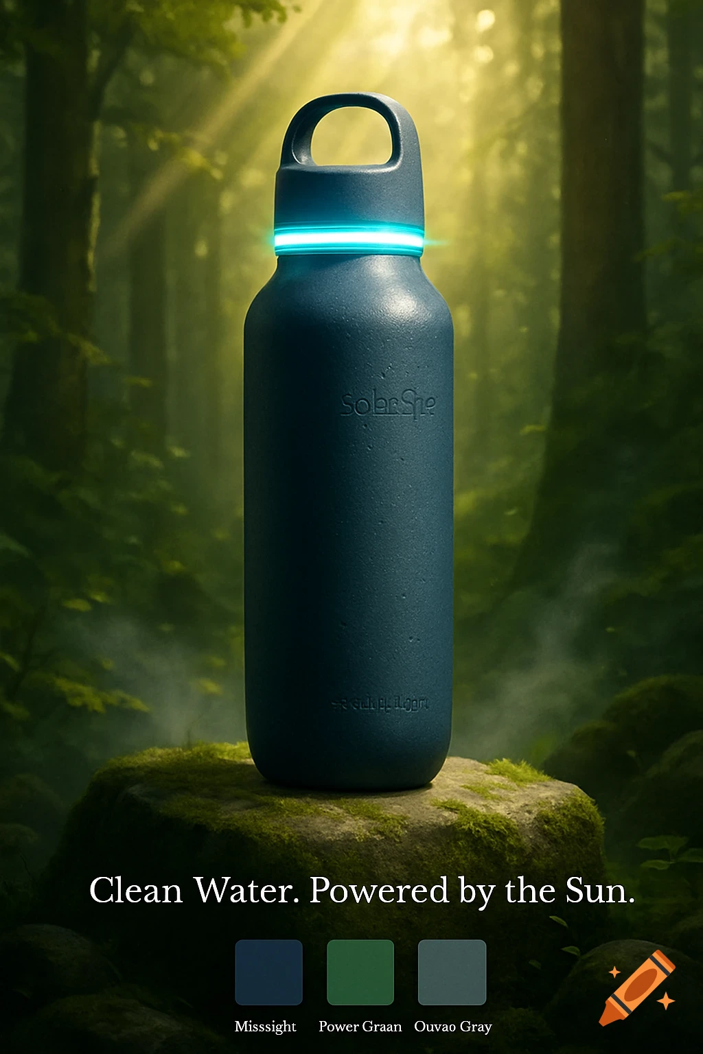 A dark blue water bottle with a glowing light ring sits on a mossy rock in a sunlit forest, with text "Clean Water. Powered by the Sun." below.