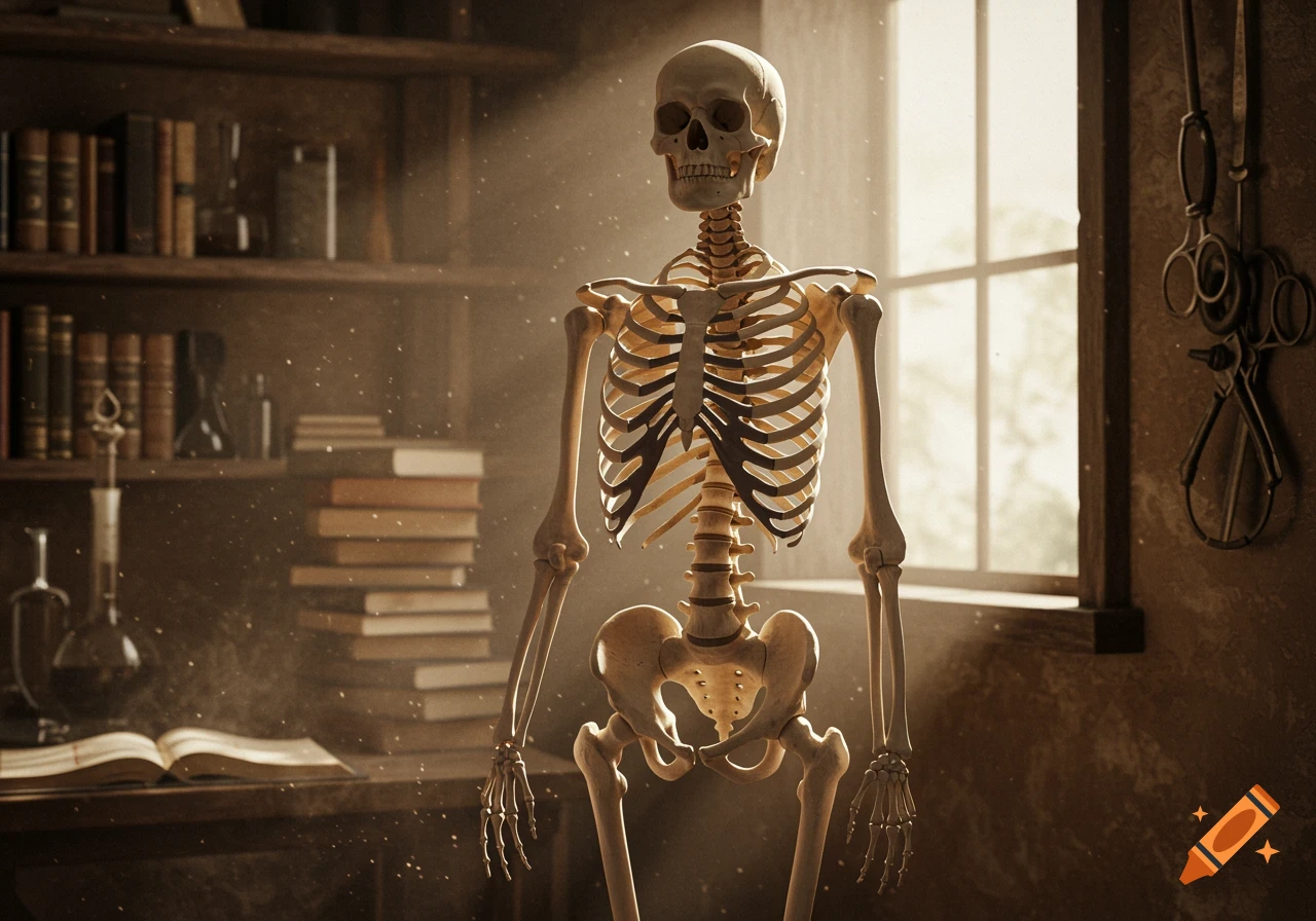 A detailed skeletal model stands in an old, dusty study with bookshelves, an open book, and scientific instruments, bathed in light from a window.