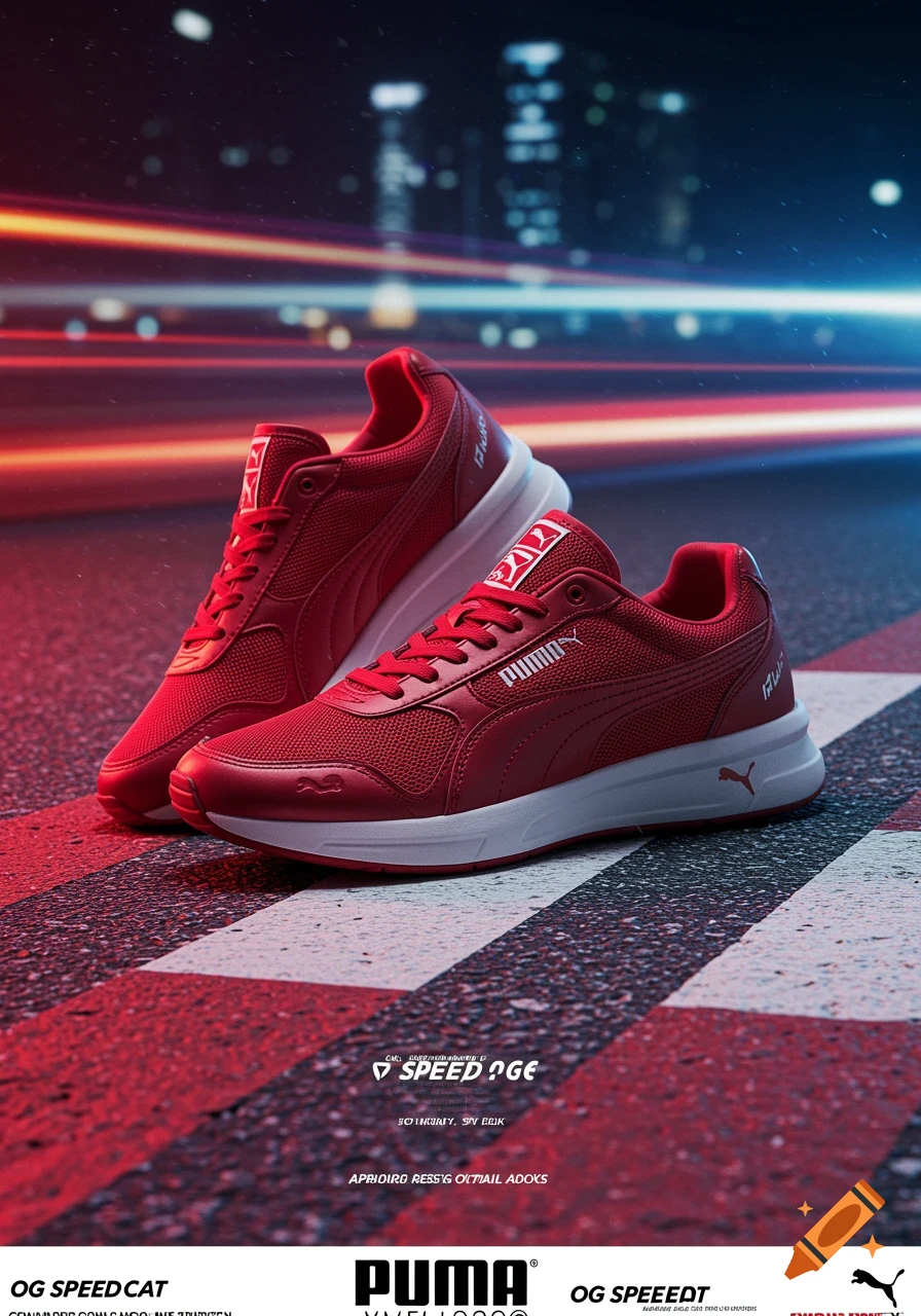 A pair of red Puma sneakers with white soles are displayed on a street with blurred red and blue light trails, suggesting speed.