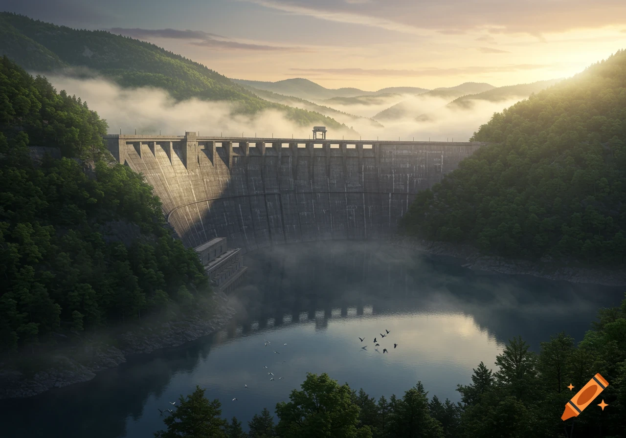 A large concrete dam stretches across a misty lake surrounded by green forested mountains under a sunrise sky.