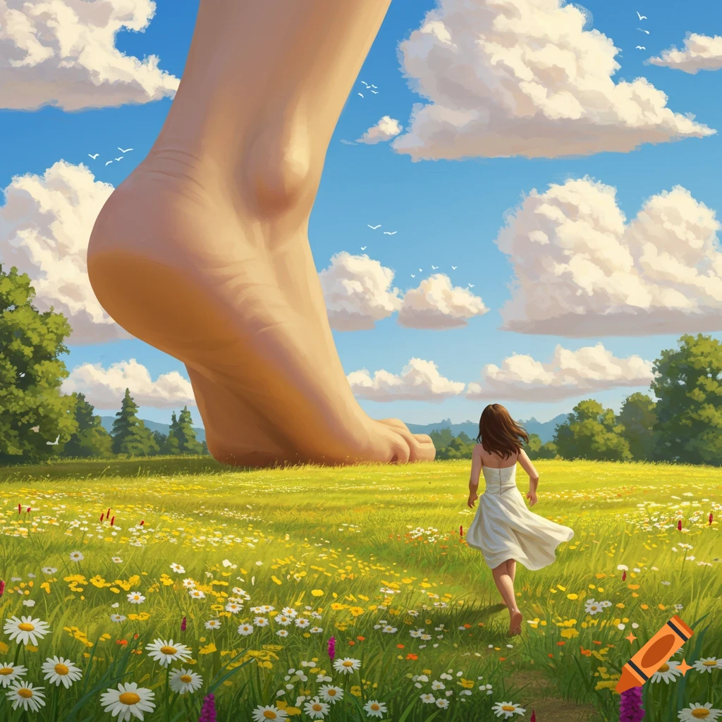 A woman walks in a field of wildflowers towards a colossal human foot under a blue sky, painted style.