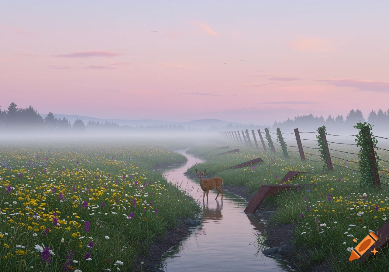 A deer stands in a winding stream through a foggy field of wildflowers and tall grass at dawn, with a fence line and forest in the distance.