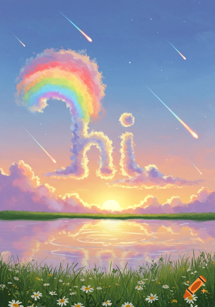 Whimsical illustration of a sky with rainbow clouds forming 'hi', shooting stars, a sunset reflected in a lake, and foreground daisies.