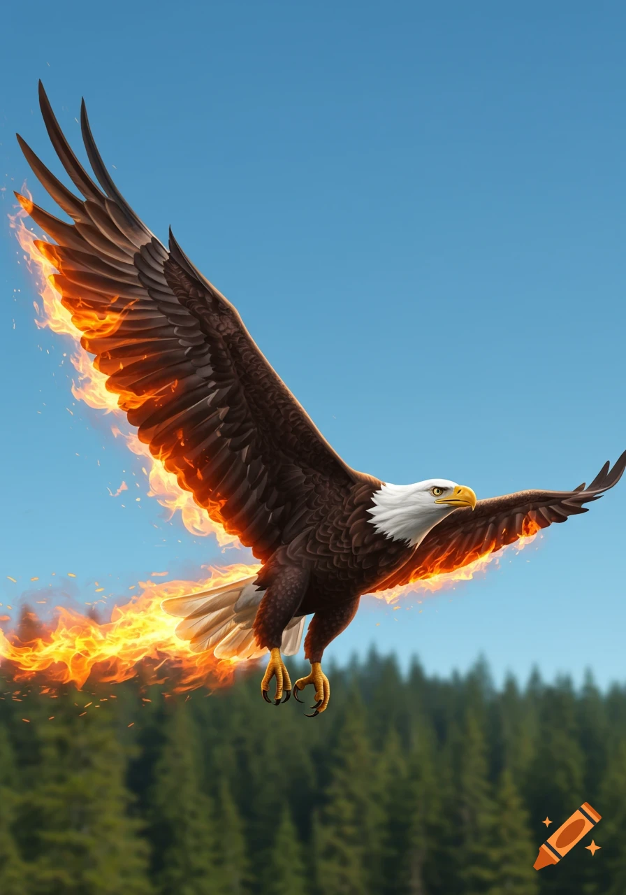 Cartoony realistic bald eagle flying with fiery wings and tail against a blue sky over green trees.