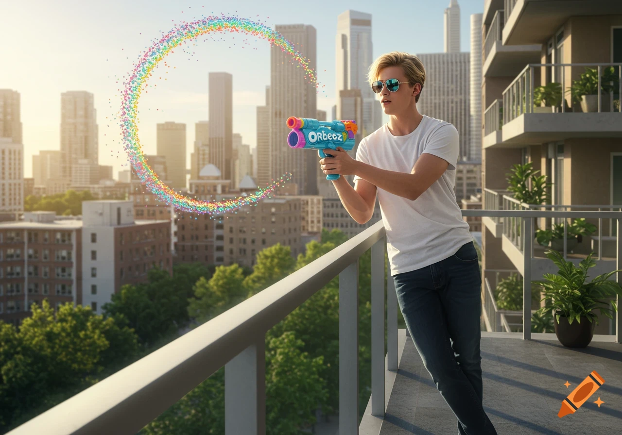 A blonde male in sunglasses shoots a toy Orbeez gun off an apartment balcony overlooking a city.