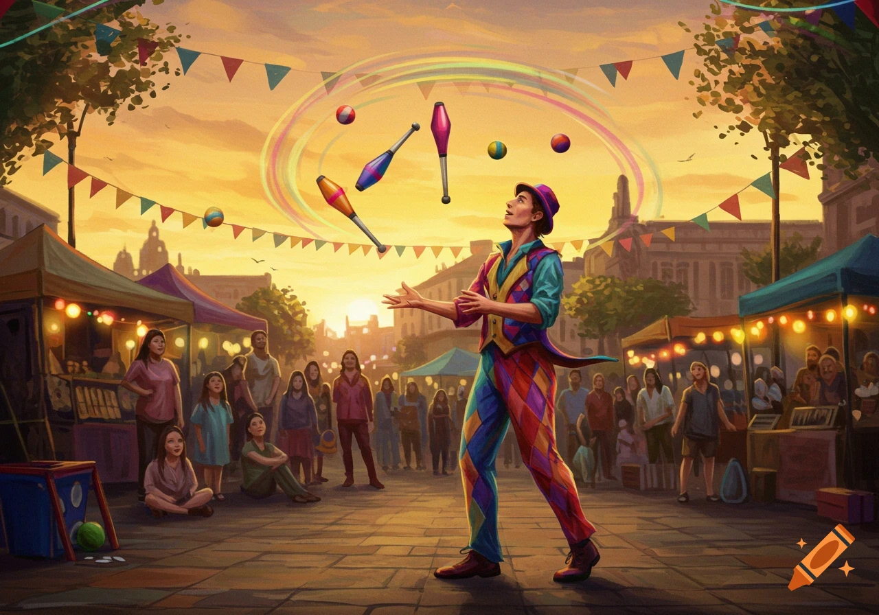 A colorful juggler in harlequin attire performs for a crowd at a vibrant sunset festival, juggling clubs and balls.