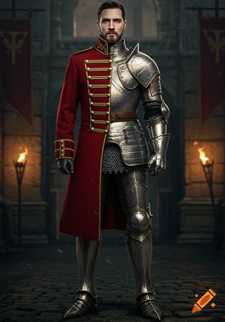 A bearded man in a split red military coat and silver knight's armor stands in a castle courtyard.