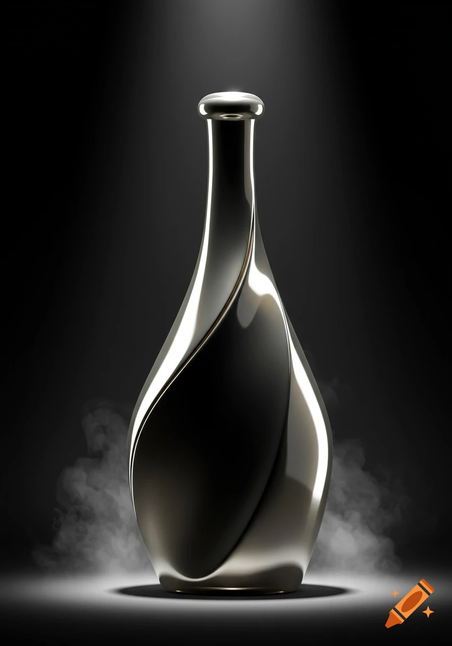 A sleek, metallic, dark silver bottle with a twisted design, dramatically lit from above, with smoke rising from its base on a dark background.