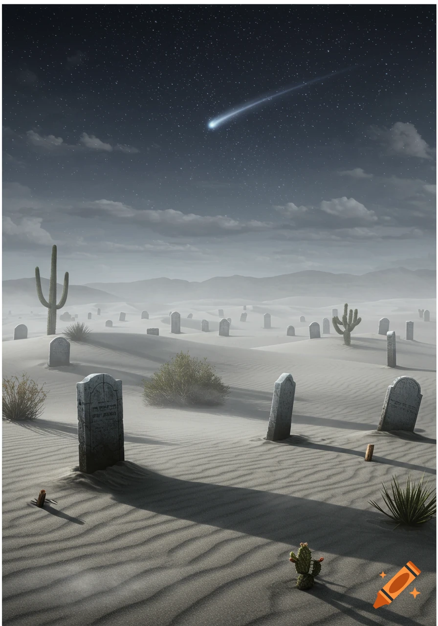 A desert graveyard at night, with gravestones and cacti under a starry sky with a bright comet.