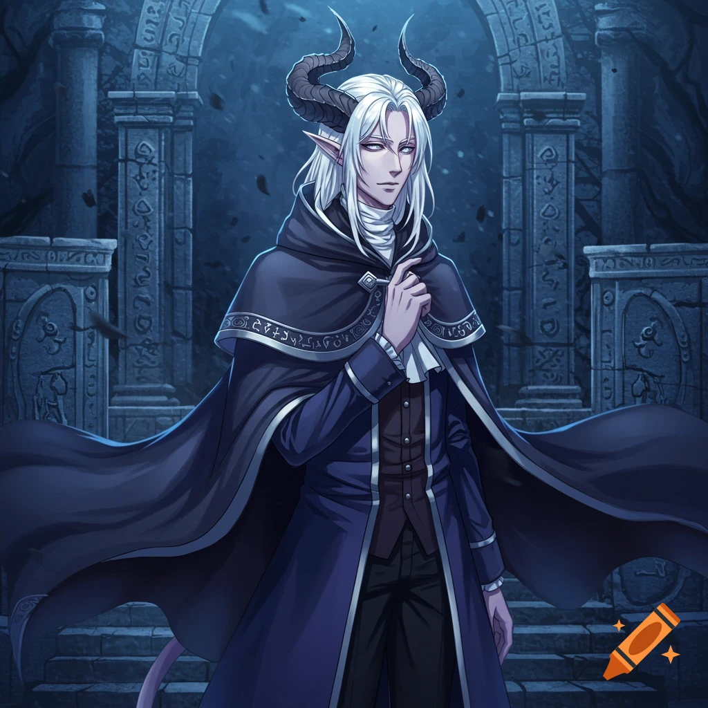 An anime-style male demon with white hair, horns, and elf ears wears a dark cloak and Victorian-style clothing, standing in ancient stone ruins.