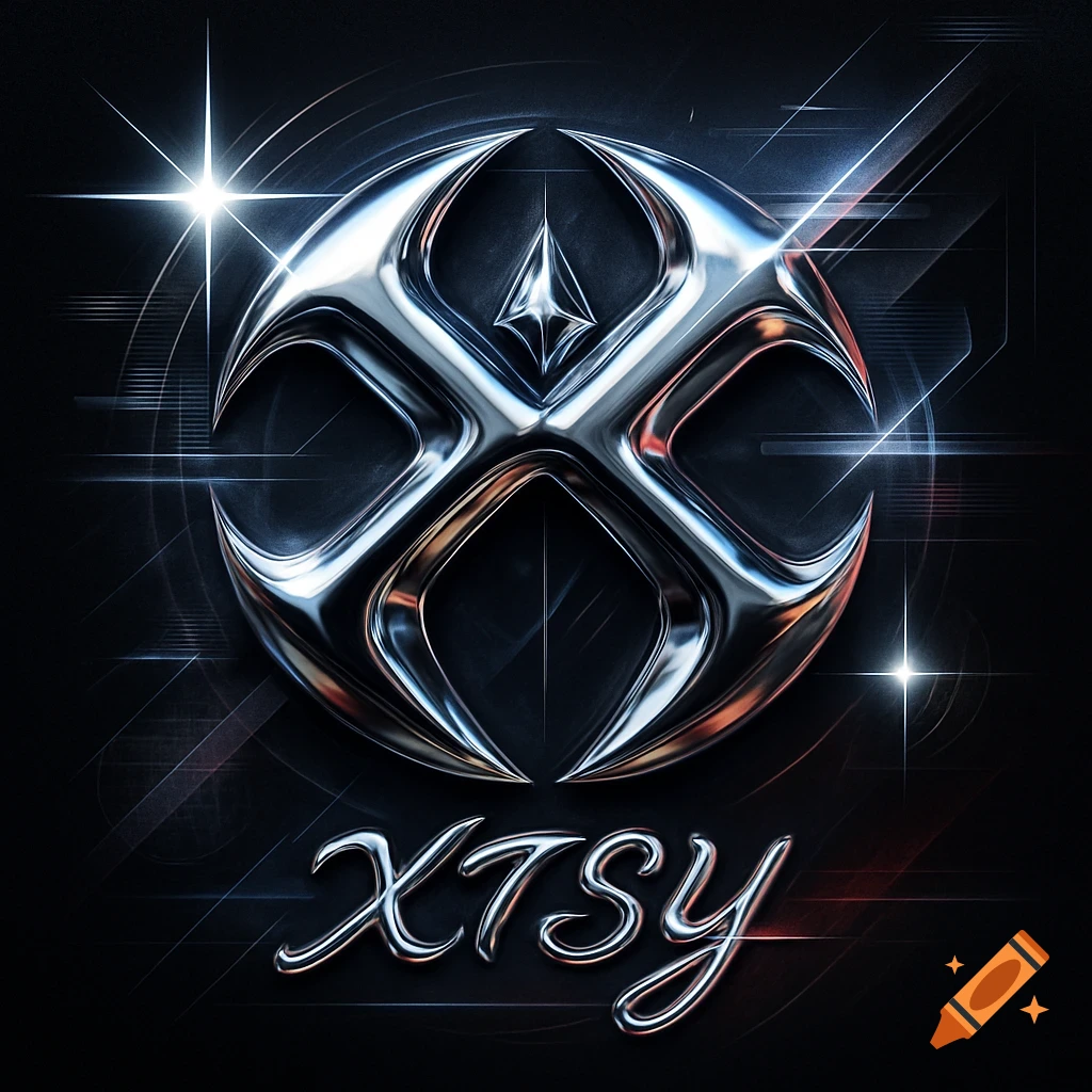 A high-resolution Y2K-inspired chrome logo with futuristic aesthetics. A stylized metallic emblem with reflections, stars, and the text XTSY in flowing chrome script on a dark background.