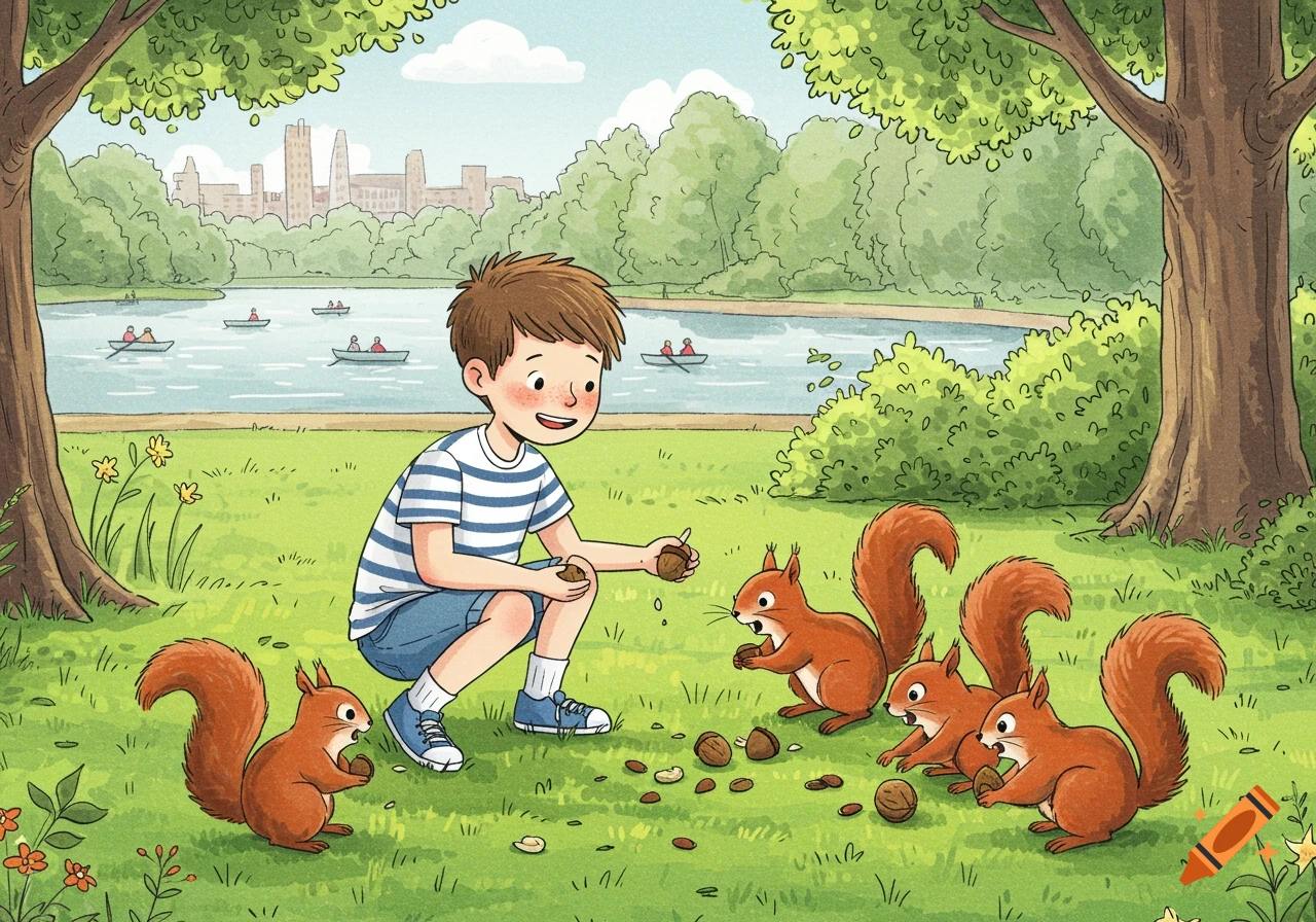 A cartoon illustration of a boy in a park feeding nuts to squirrels near a lake with city buildings in the background.