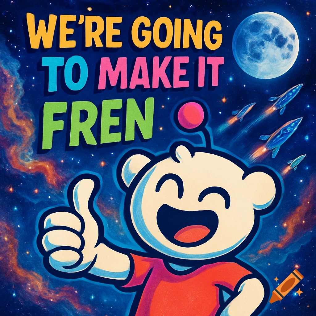 Cartoon Reddit Snoo giving a thumbs up in a vibrant space scene with rockets flying towards the moon and text 'WE'RE GOING TO MAKE IT FREN'.