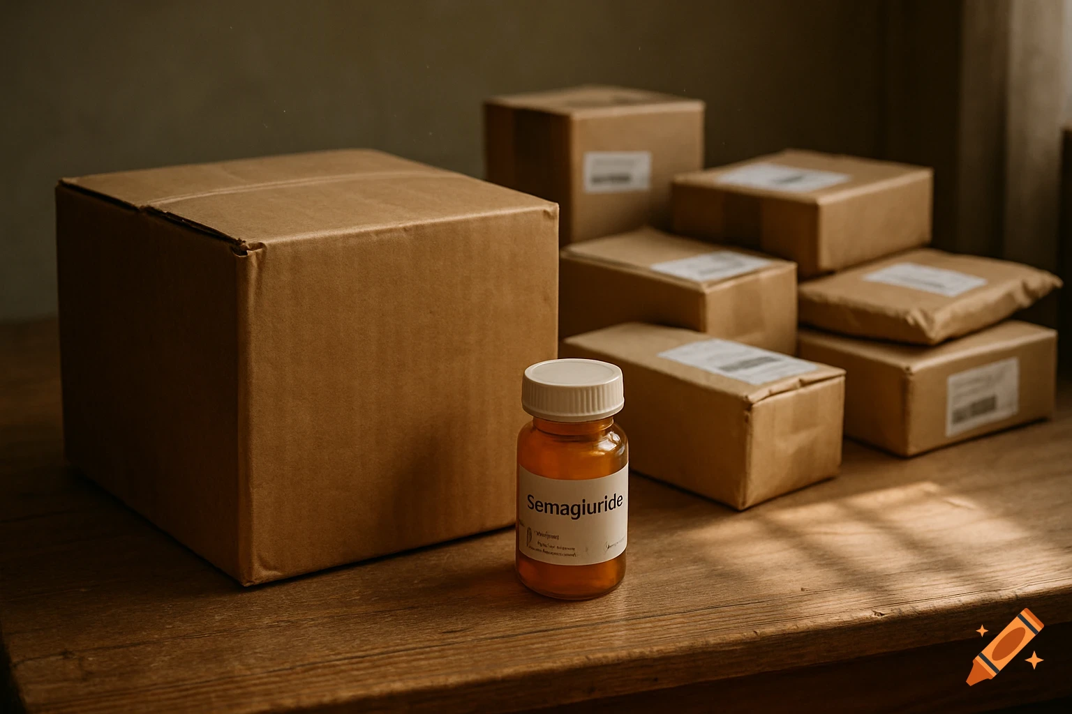 A brown cardboard box and a clear amber pill bottle labeled 'Semagiuride' on a wooden table with more blurred packages in the background, in a photorealistic style.
