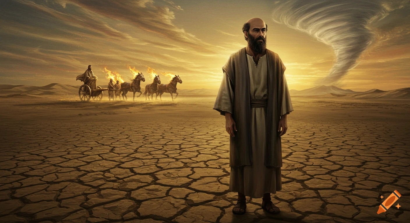 A bald man in robes stands in a cracked desert while a fiery chariot with horses rides in the background under a dramatic sky with a tornado.