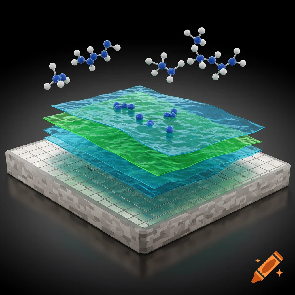 A 3D scientific diagram showing translucent blue and green film layers with spheres on a gridded base, with various molecular structures floating above.