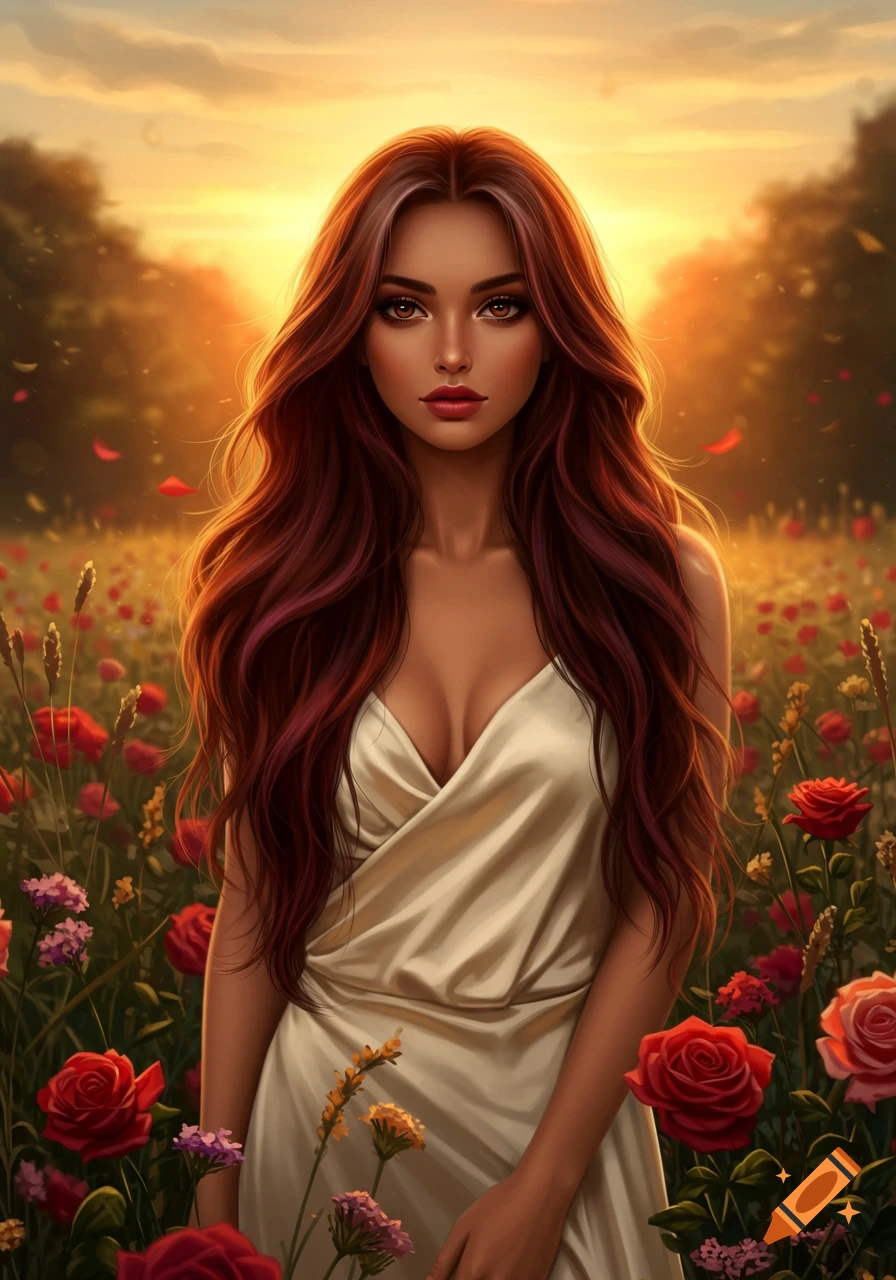 A beautiful woman with long red hair stands in a vibrant field of flowers at sunset.