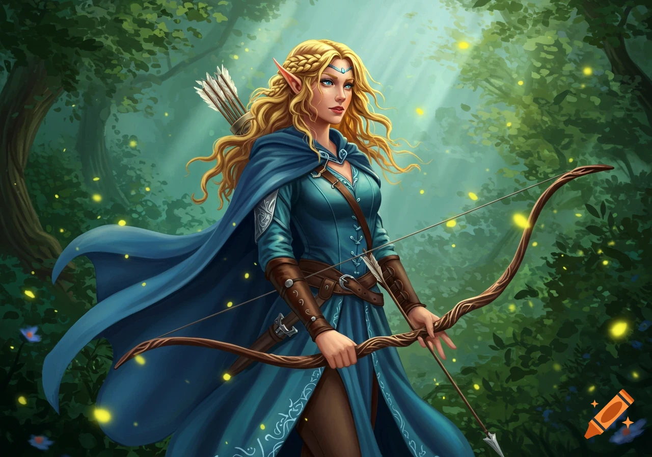 A female elf archer with long blonde hair and a blue cloak, holding a longbow in a mystical forest with fireflies.
